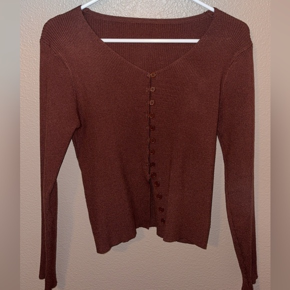 Brown Ribbed Button-Up Cardigan - Picture 2 of 3